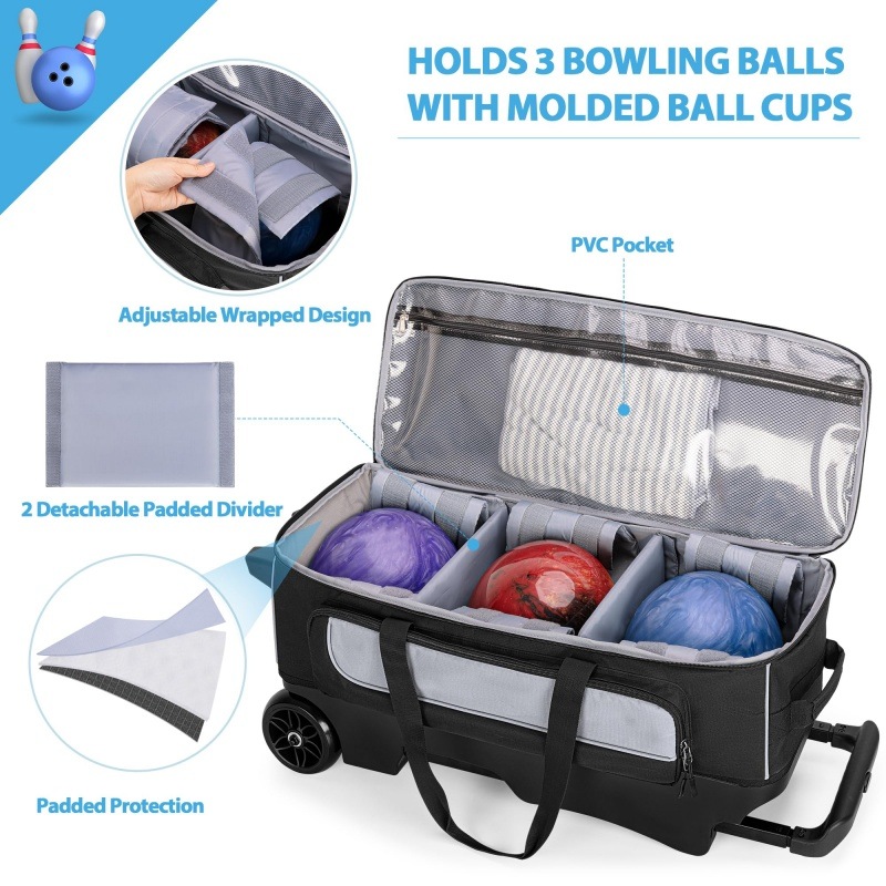Three ball bowling bag features large wheels