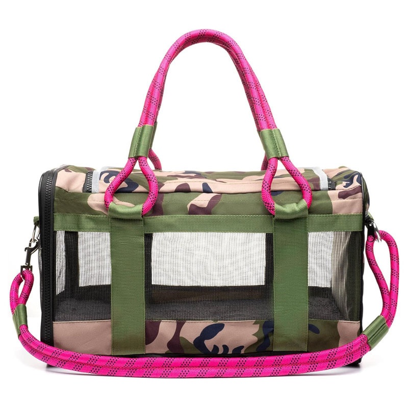 Portable camouflage pet tote with mesh windows